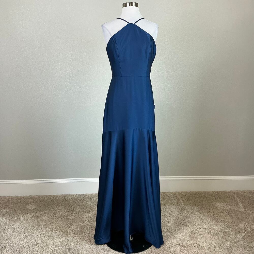 Dress the Population Justine Blue Evening Gown Satin A-Line Dress Size Medium - Picture 2 of 12